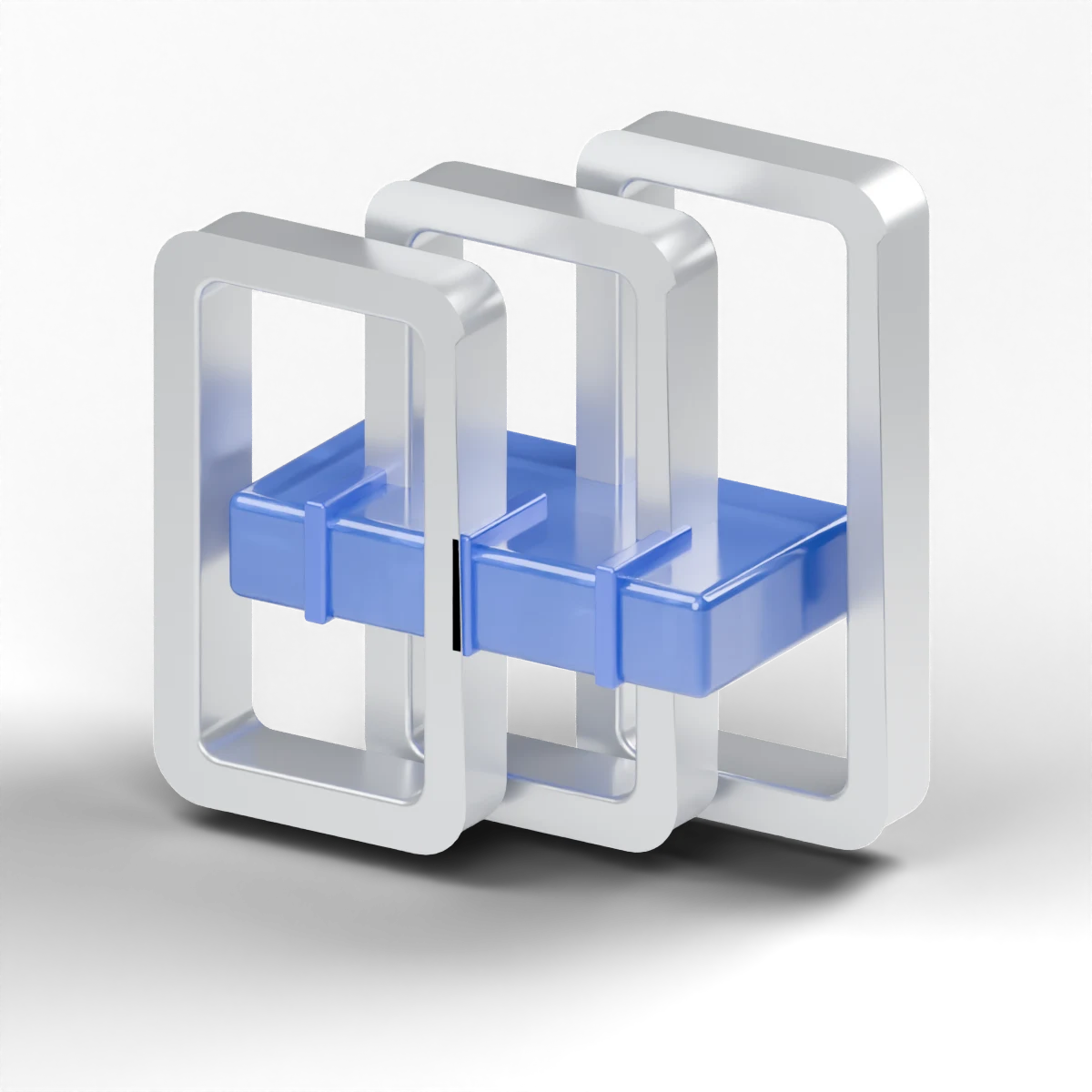 Three machined aluminium frames connected by a cobalt glass bridge